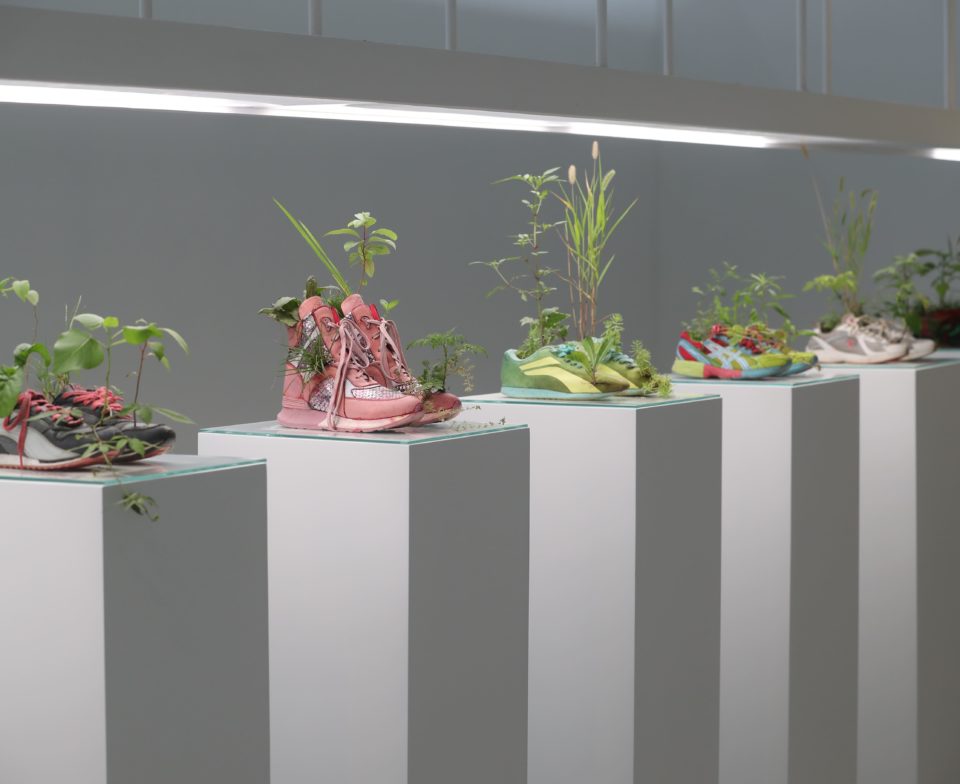 Michel BLAZY Pull Over Time : Running, 2017 / Running Shanghai, 2019 Chaussures de sport, plantes, sol, eau, techniques mixtes 190 x 50 x 50 cm - © Claire Dorn