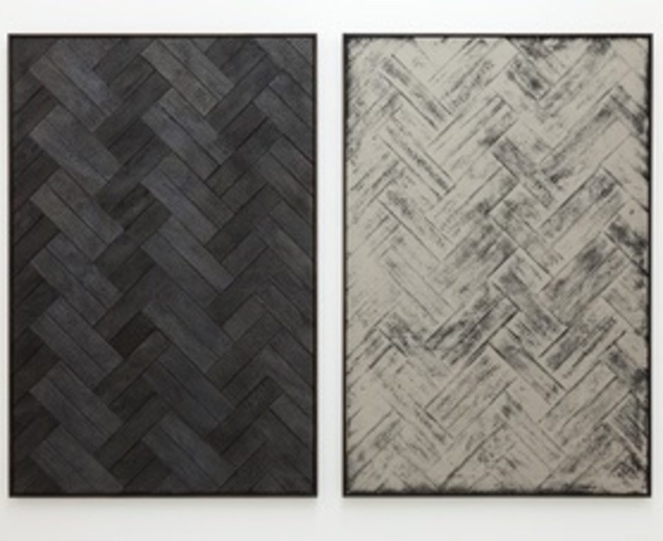 Burnt Painting, Imprint of the Burnt Painting, 2014 Bois calciné, Poussière de bois calciné sur toile, 195 x 130 cm chaque, Pièce unique Courtesy: l’artiste, et la galerie frank elbaz